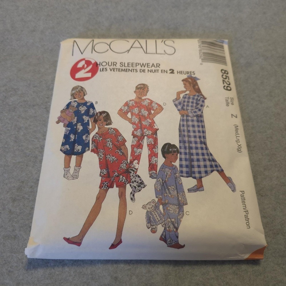 McCall's 8529 2 Hour Sleepwear Pattern Sz Med Lg XL Uncut Pajamas Nightgown